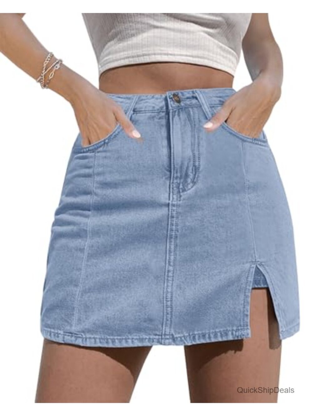 High Waisted Stretchy Denim Mini Skort Side Slit Bodycon Jean Skirt